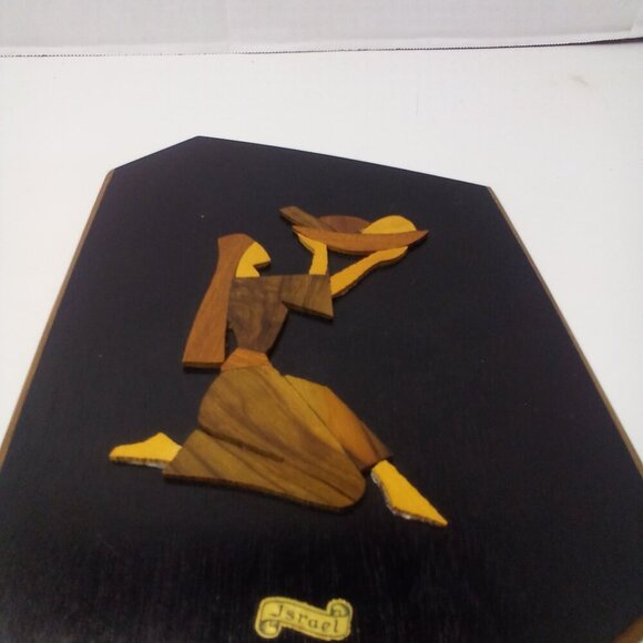 Vintage Wood Art Plaques Carved Inlay Women Bread Decor Wall Hanging Isreal - Picture 3 of 9